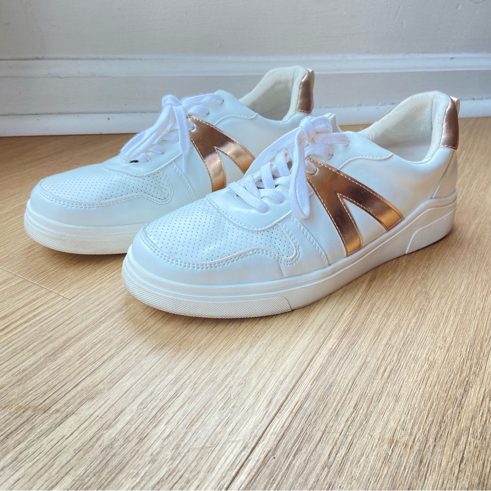 MIA Alta Metallic Perforated White Gold Lace Up Sneakers Manmade Athletic